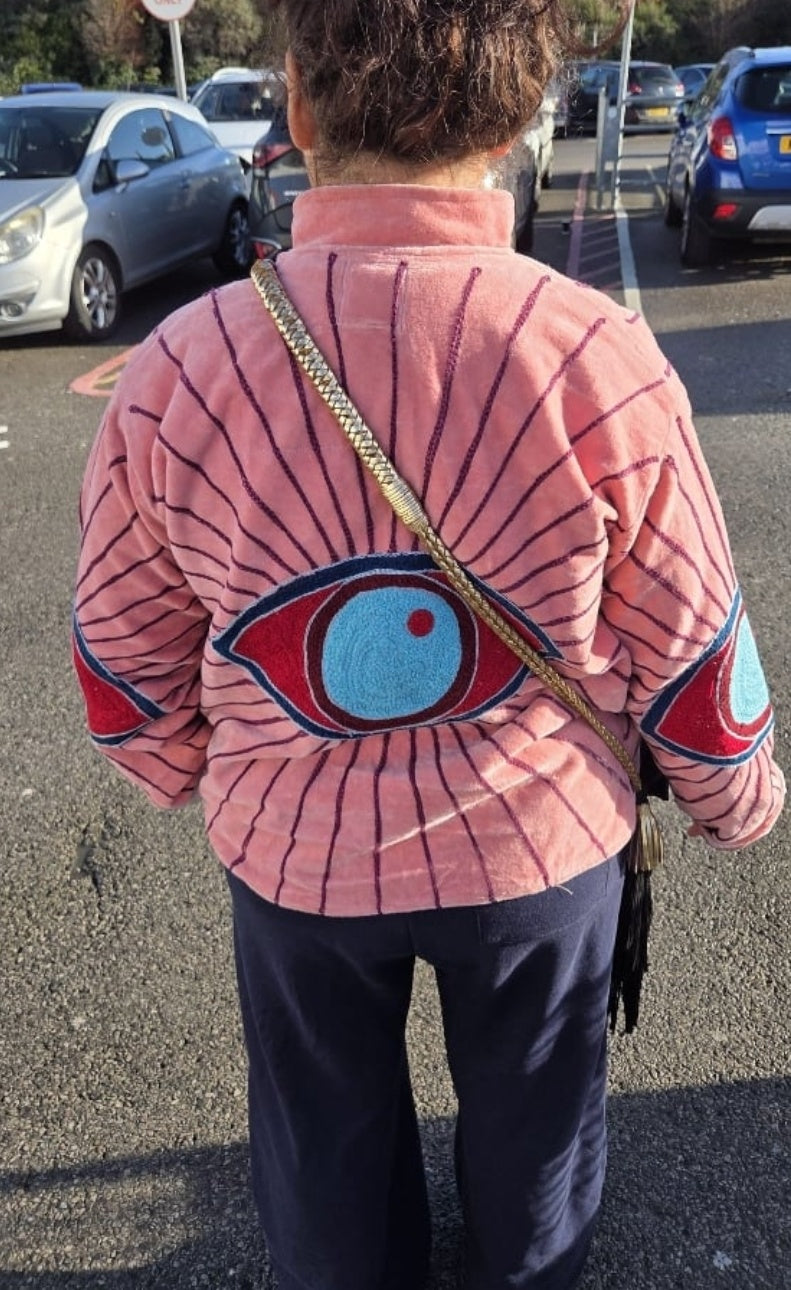 Wanderlust Velvet Evil eye Protection Jacket- Light Pink