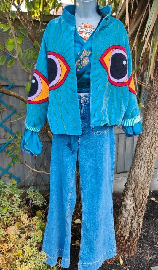 Wanderlust evil eye protection velvet jacket turquoise