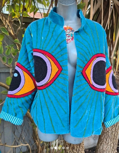 Wanderlust evil eye protection velvet jacket turquoise