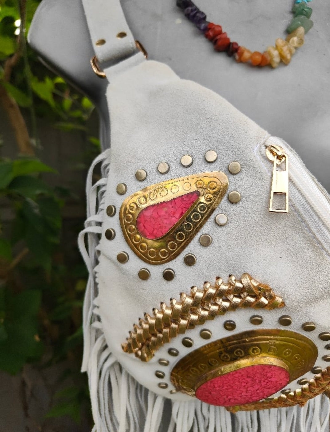 DOLLY Bumbag  Suede fringe tassles with Moroccan stone detail -white cream