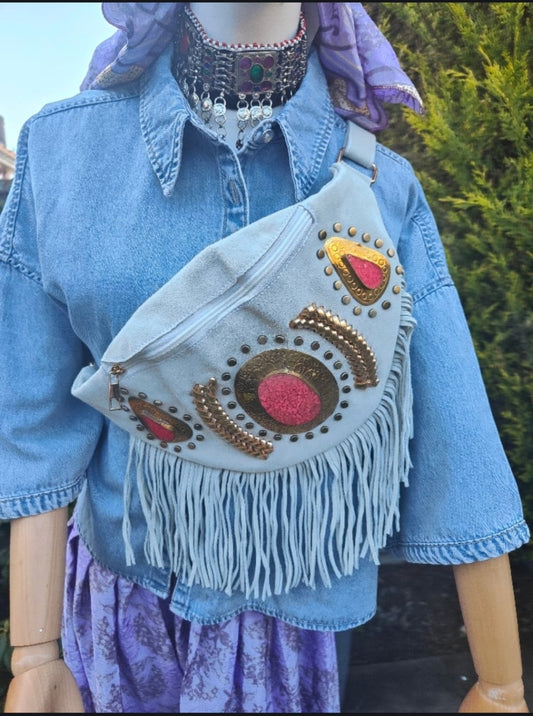 DOLLY Bumbag  Suede fringe tassles with Moroccan stone detail -white cream