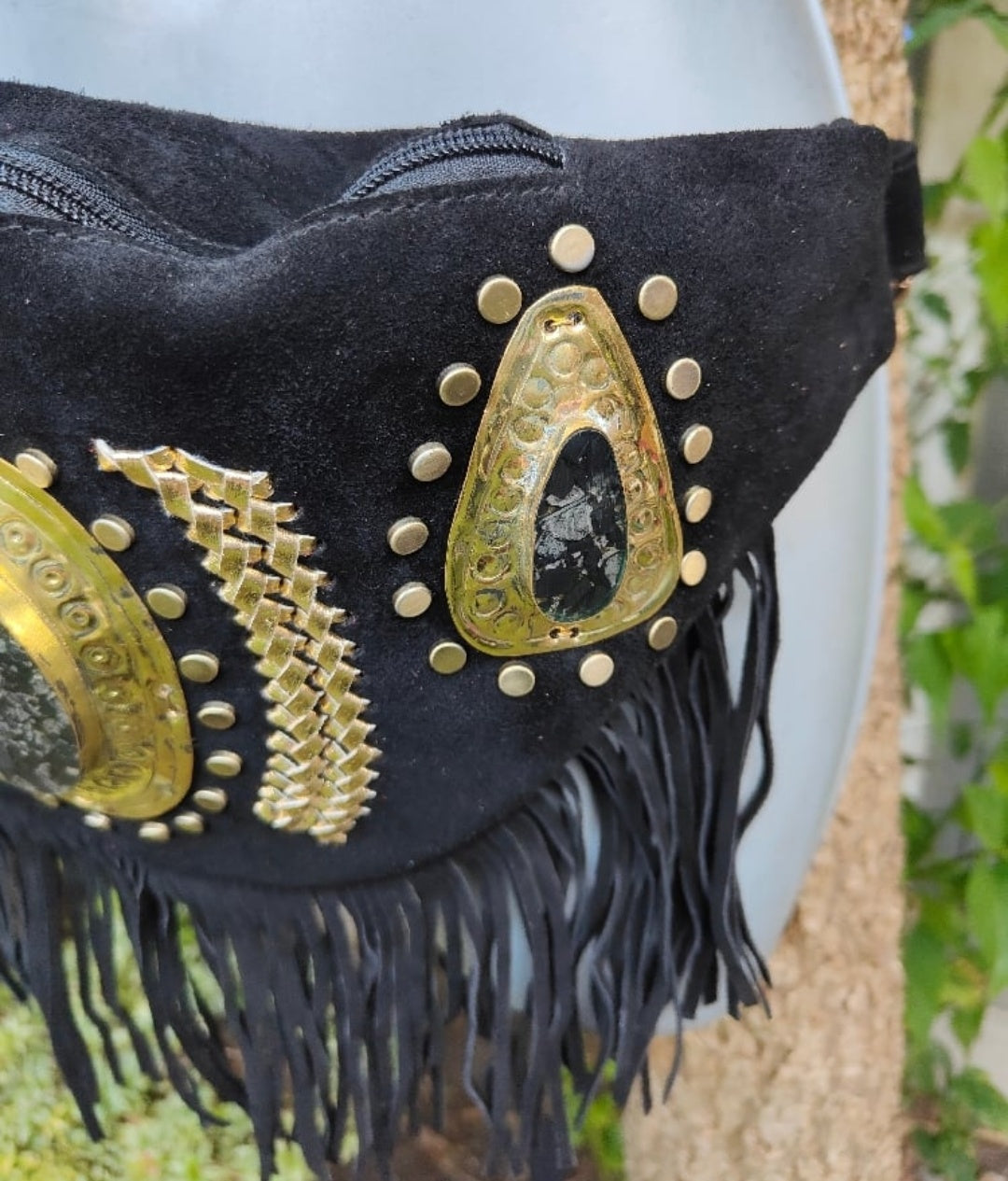 DOLLY Bumbag Suede fringe tassles with Moroccan stone detail Black