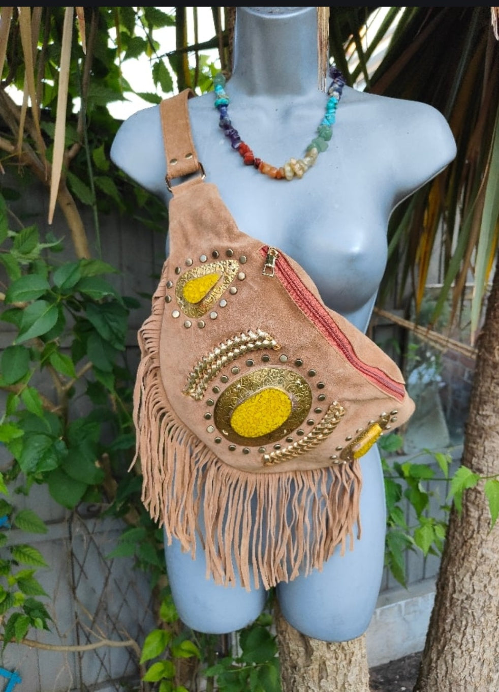 Dolly Bumbag  Suede fringe tassles with Moroccan stone detail Tan