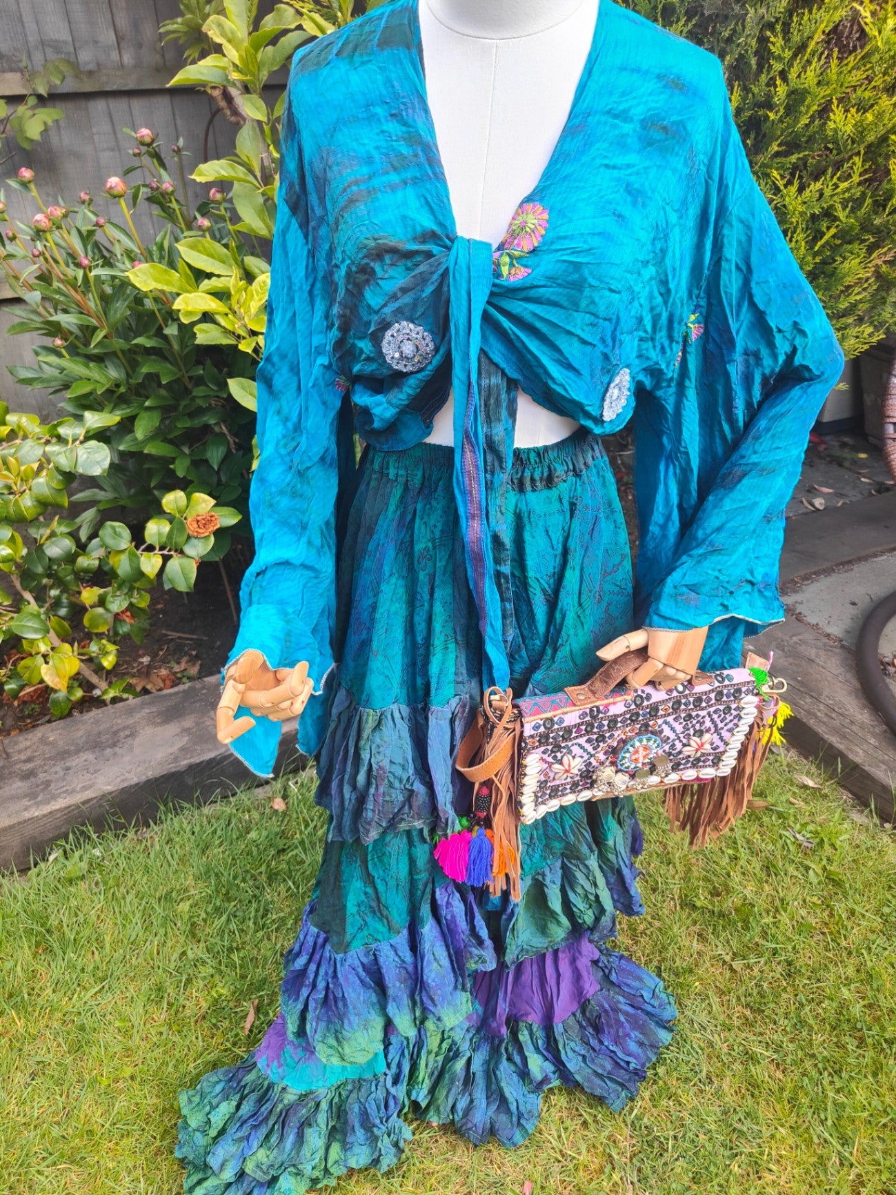 Stevie tie top- wing sleeves - recycled sari fabric 8-14 