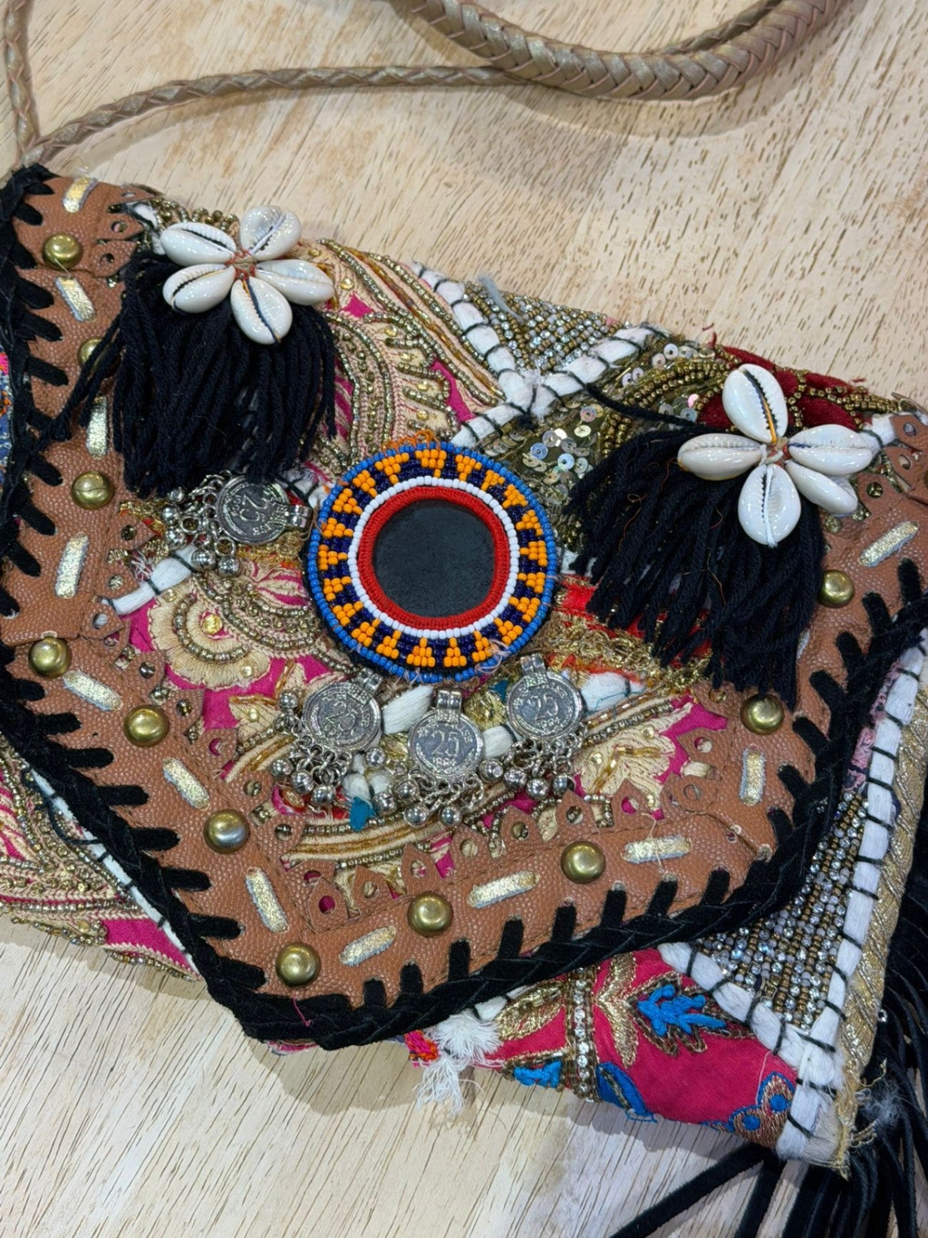 Chilean Boho Bag- Black Tassle- coins shells - UNIQUE