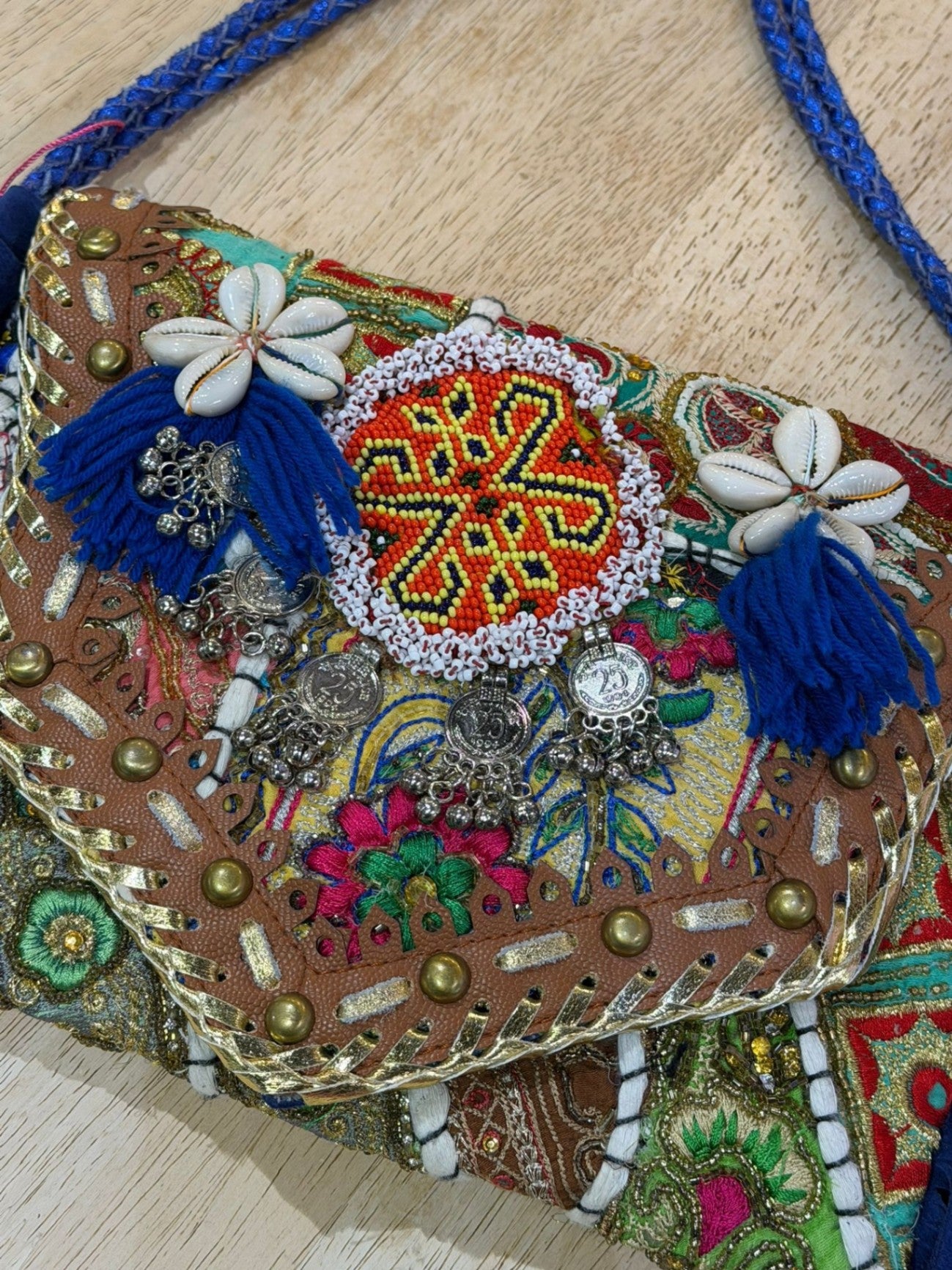 Chilean Boho bag - blue - coins shells tassles