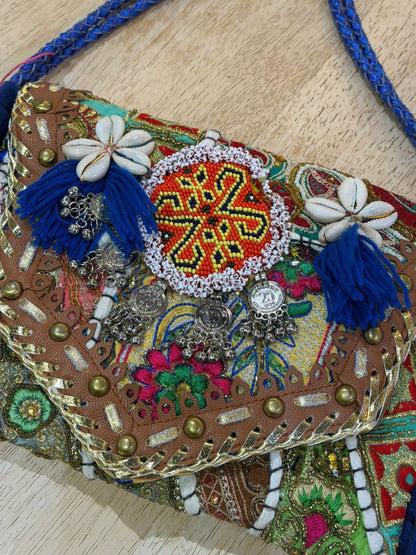 Chilean Boho bag - blue - coins shells tassles