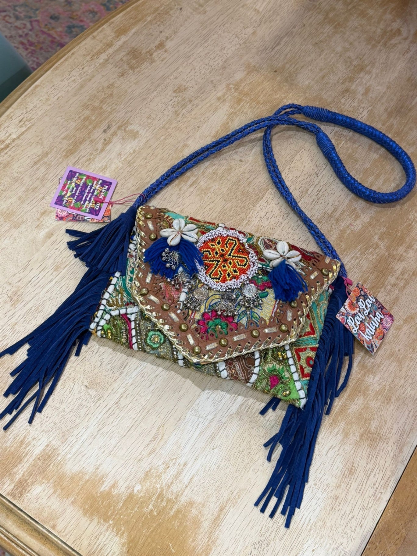 Chilean Boho bag - blue - coins shells tassles