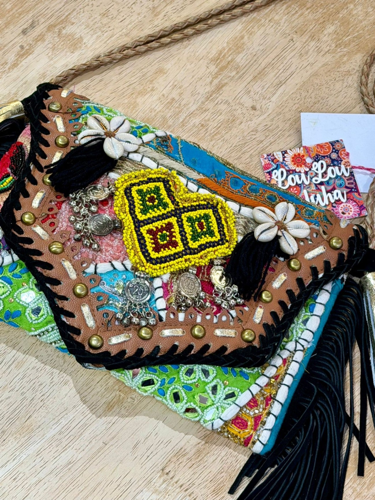 Chilean Boho bag-black coins shells tassles