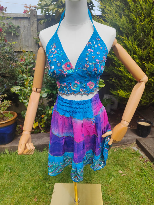 Boho sari beach skirt - pink and turquoise 