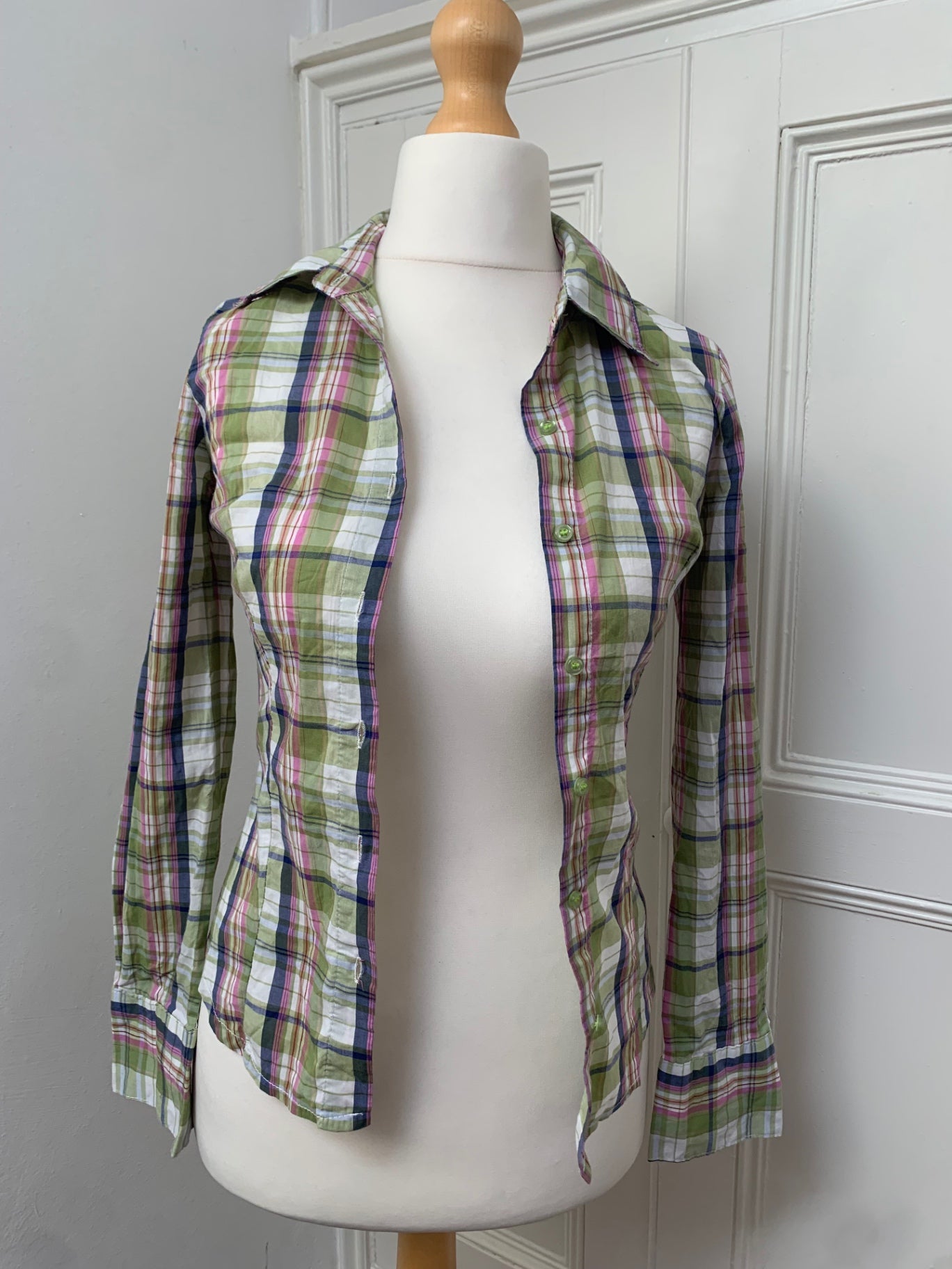 72% cotton green plaid shirt