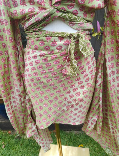 Tulum co ord set tie top & wrap mini skirt -light green