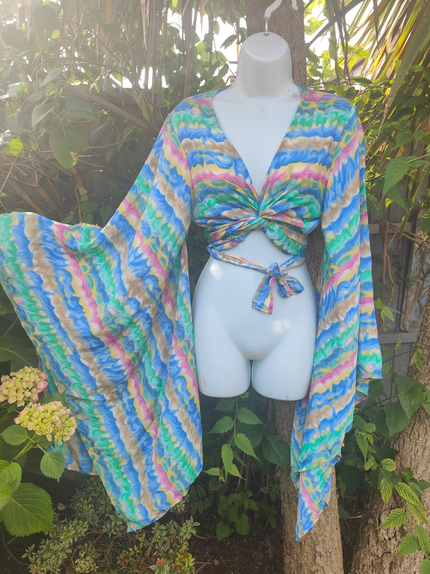 Tulum co ord set - tie top & wrap skirt - green, pink, yellow