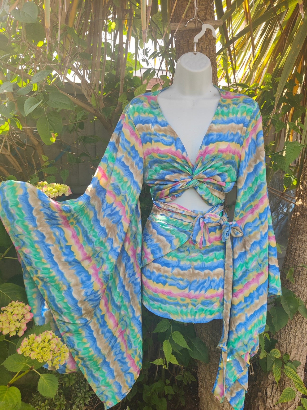 Tulum co ord set - tie top & wrap skirt - green, pink, yellow