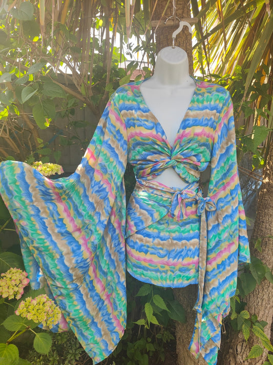 Tulum co ord set - tie top & wrap skirt - green, pink, yellow