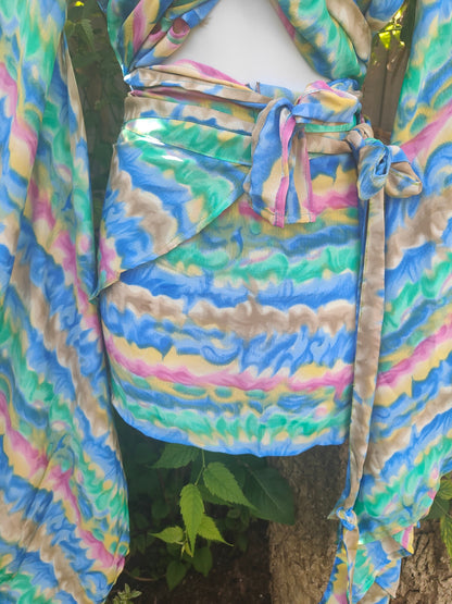 Tulum co ord set - tie top & wrap skirt - green, pink, yellow