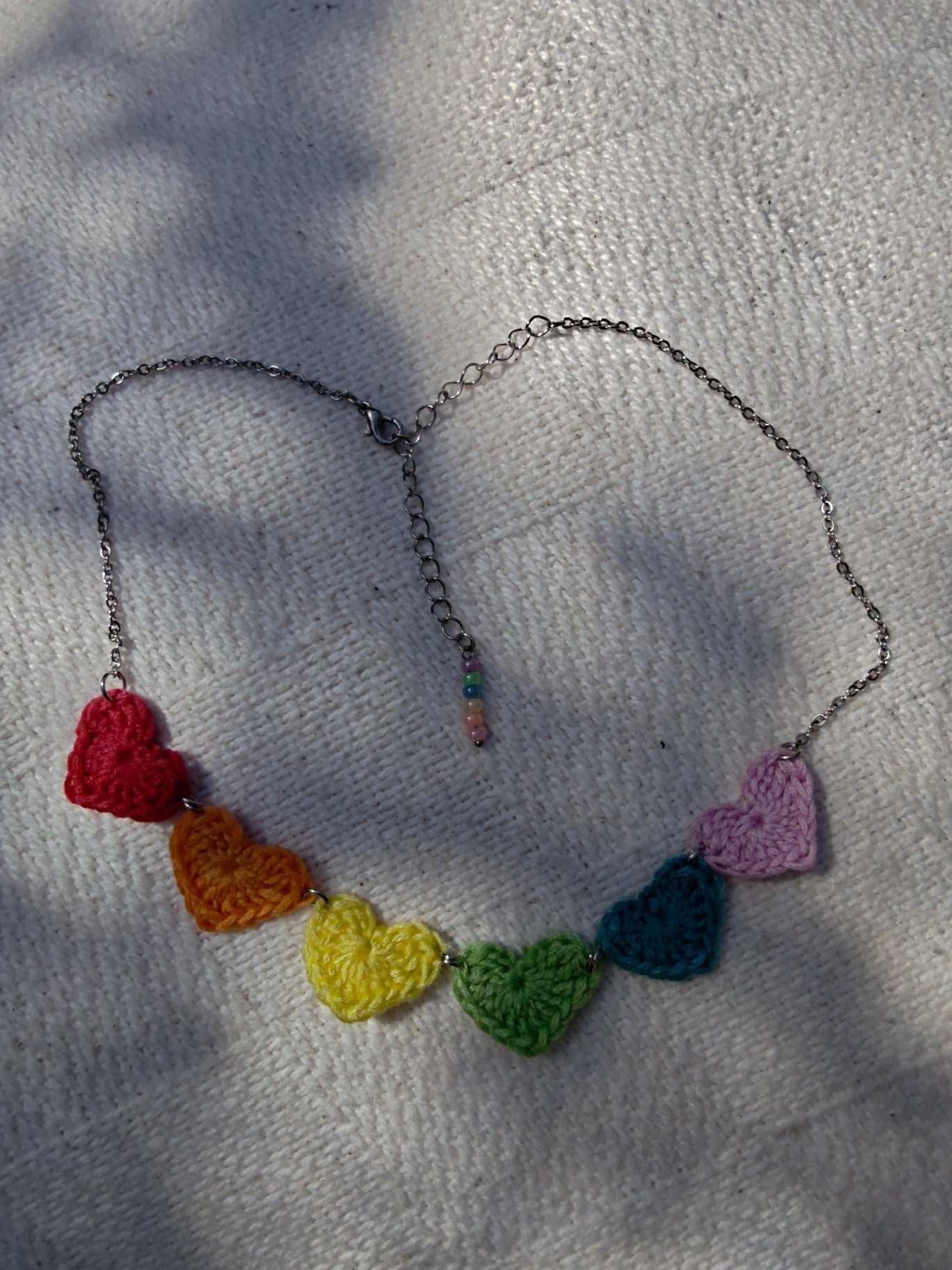 Crochet small heart necklace- pastel rainbow