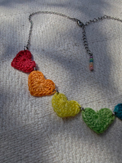 Crochet small heart necklace- pastel rainbow
