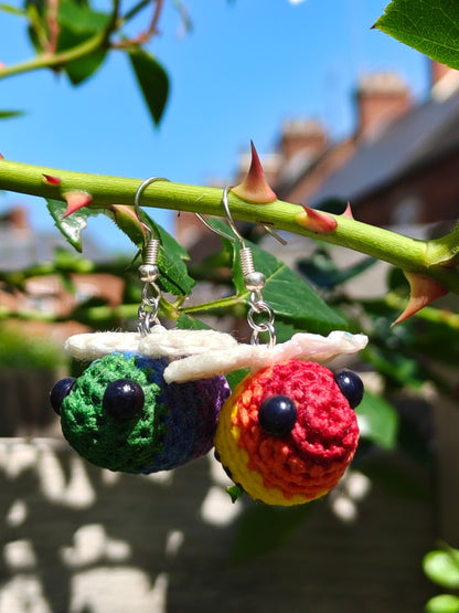 Rainbow pride crochet bee earrings