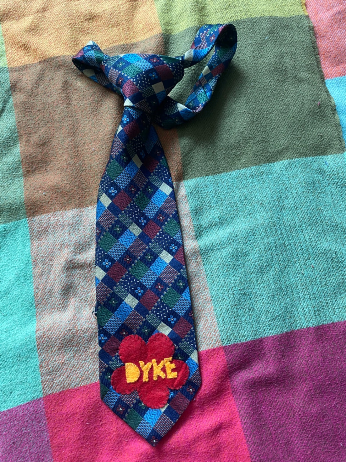 DYKE FLOWER Up-cycled tie with hand sewn design
