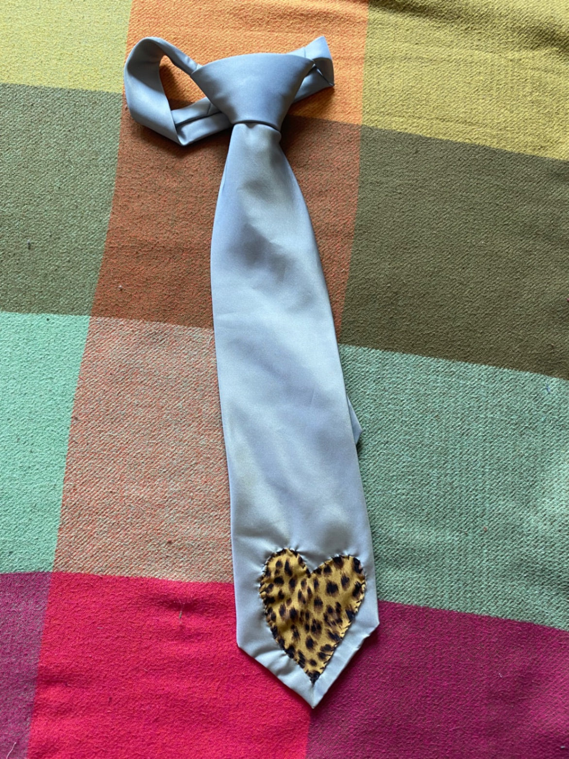 LEOPARD HEART Up-cycled tie with hand sewn design