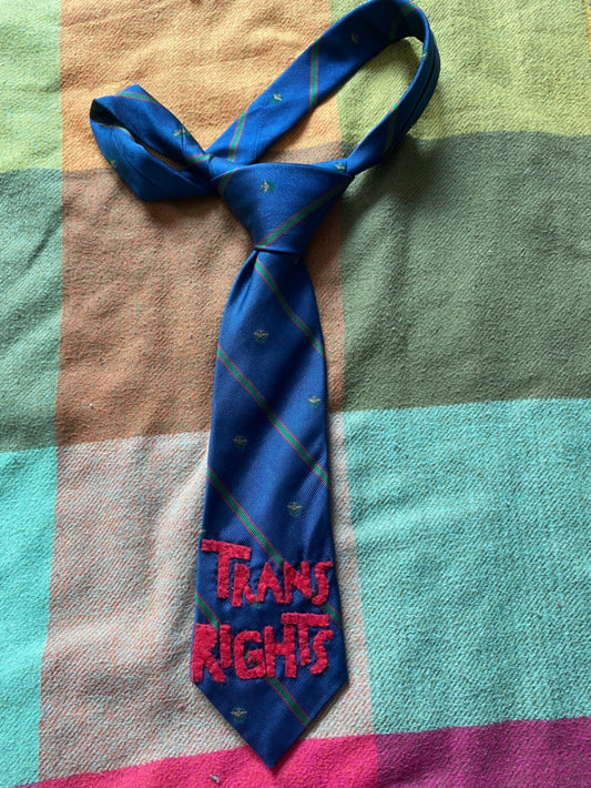 TRANS RIGHTS Up-cycled tie with hand sewn design