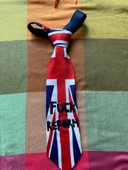 FUCK REFORM Up-cycled tie with hand sewn design