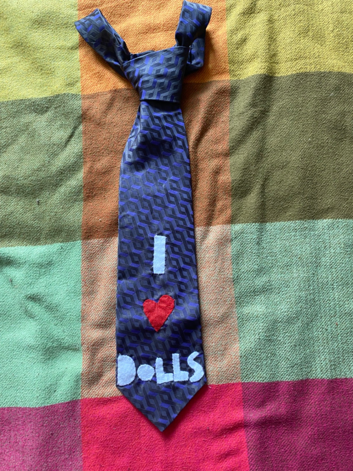 I <3 DOLLS Up-cycled tie with hand sewn design