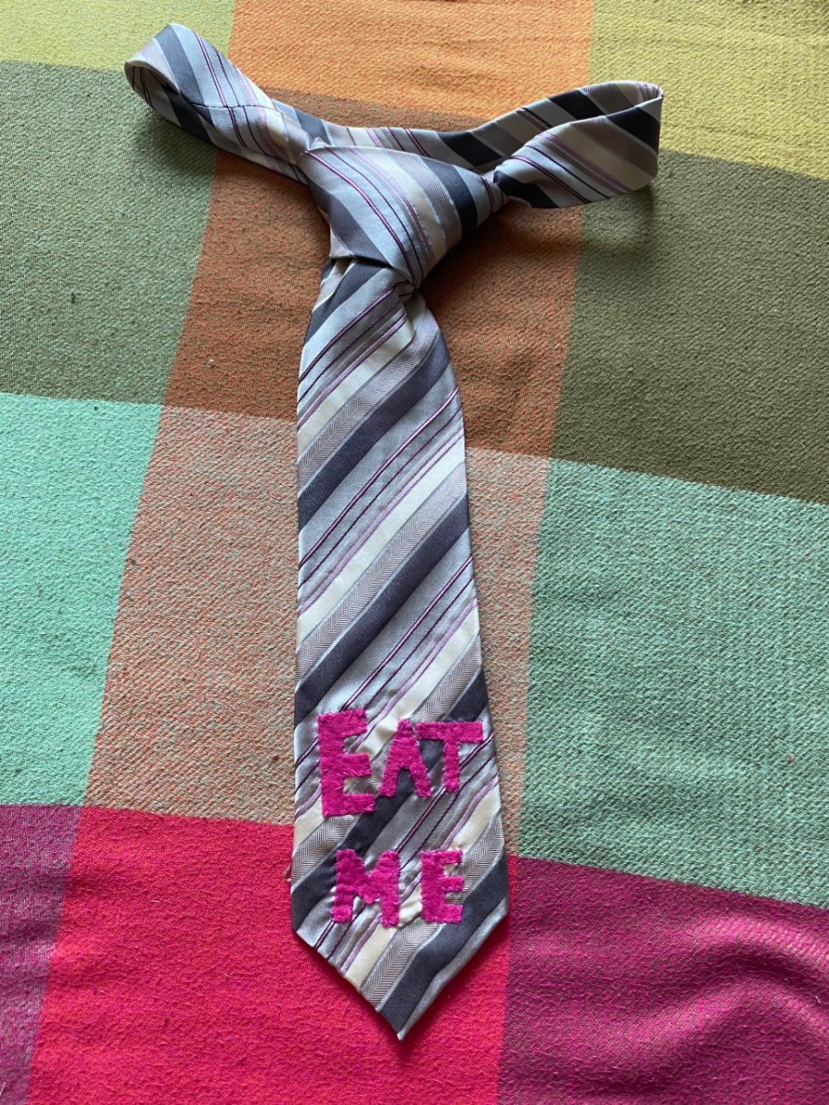 PINK EAT ME Up-cycled tie with hand sewn design