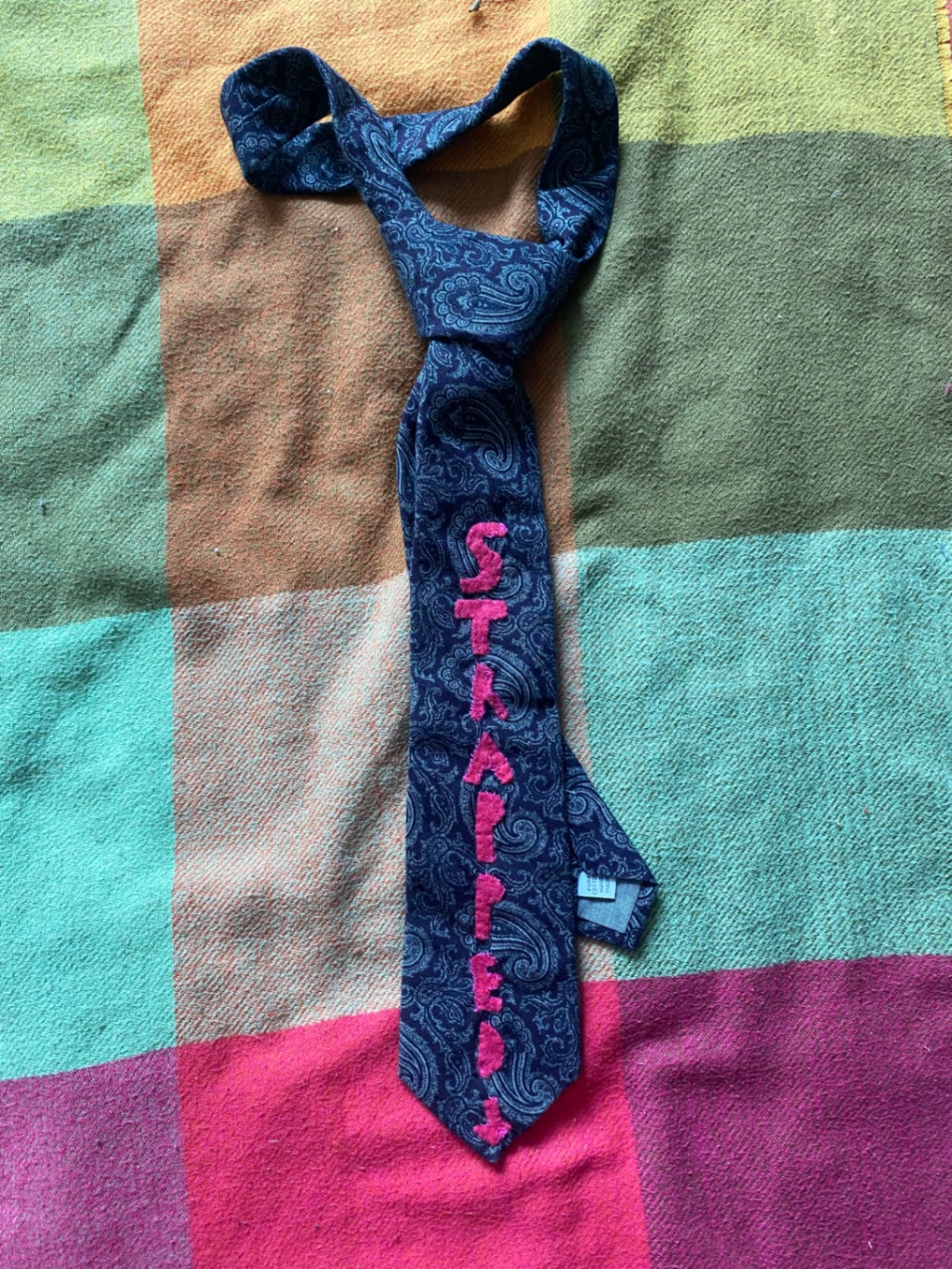 STRAPPED BLUE PAISLEY Up-cycled tie with hand sewn design