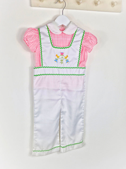 2 years, white vintage dungarees with gingham blouse