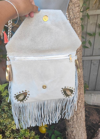 Yellowstone cross body bag with Moroccan stone detailing - White stone