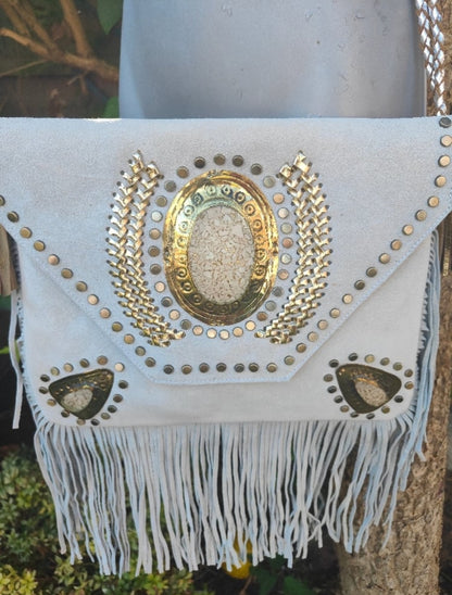 Yellowstone cross body bag with Moroccan stone detailing - White stone