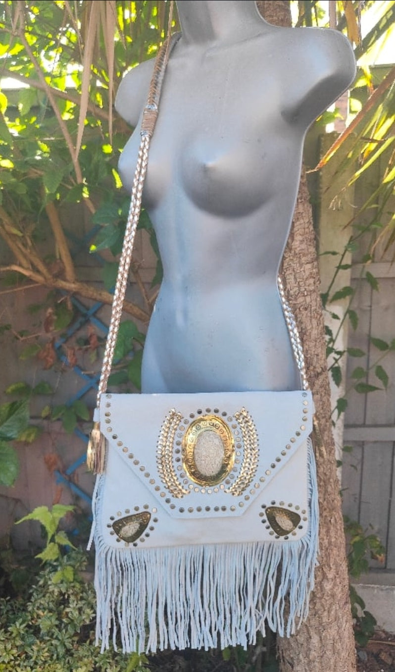 Yellowstone cross body bag with Moroccan stone detailing - White stone