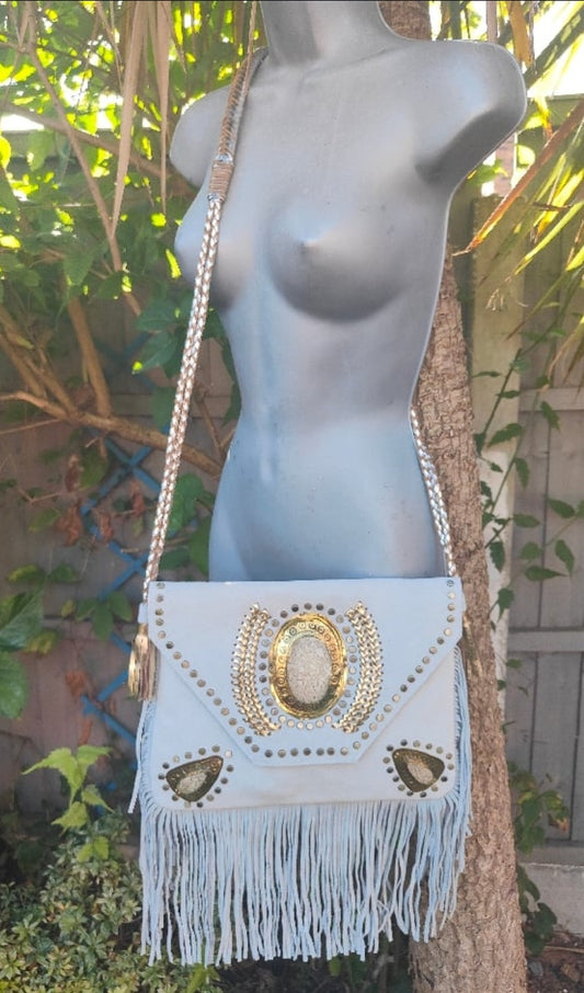 Yellowstone cross body bag with Moroccan stone detailing - White stone
