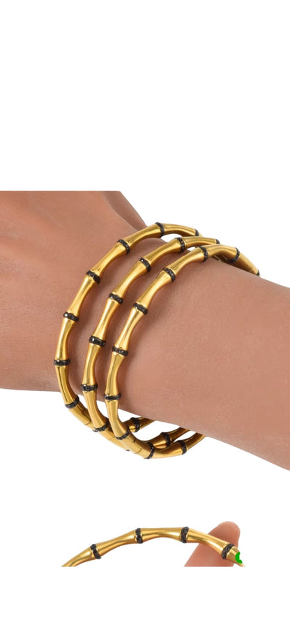 Gold Black Crystal Bamboo Bangle Bracelet