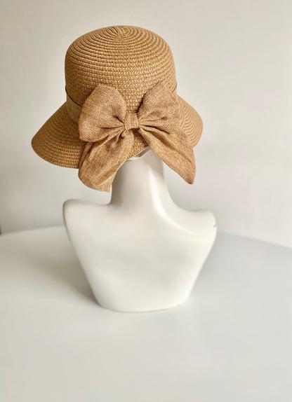 Beige Bow Bonnet Hat