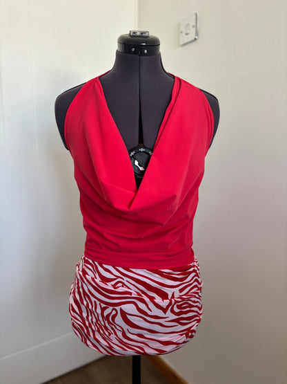 cowl neck top and mini skirt