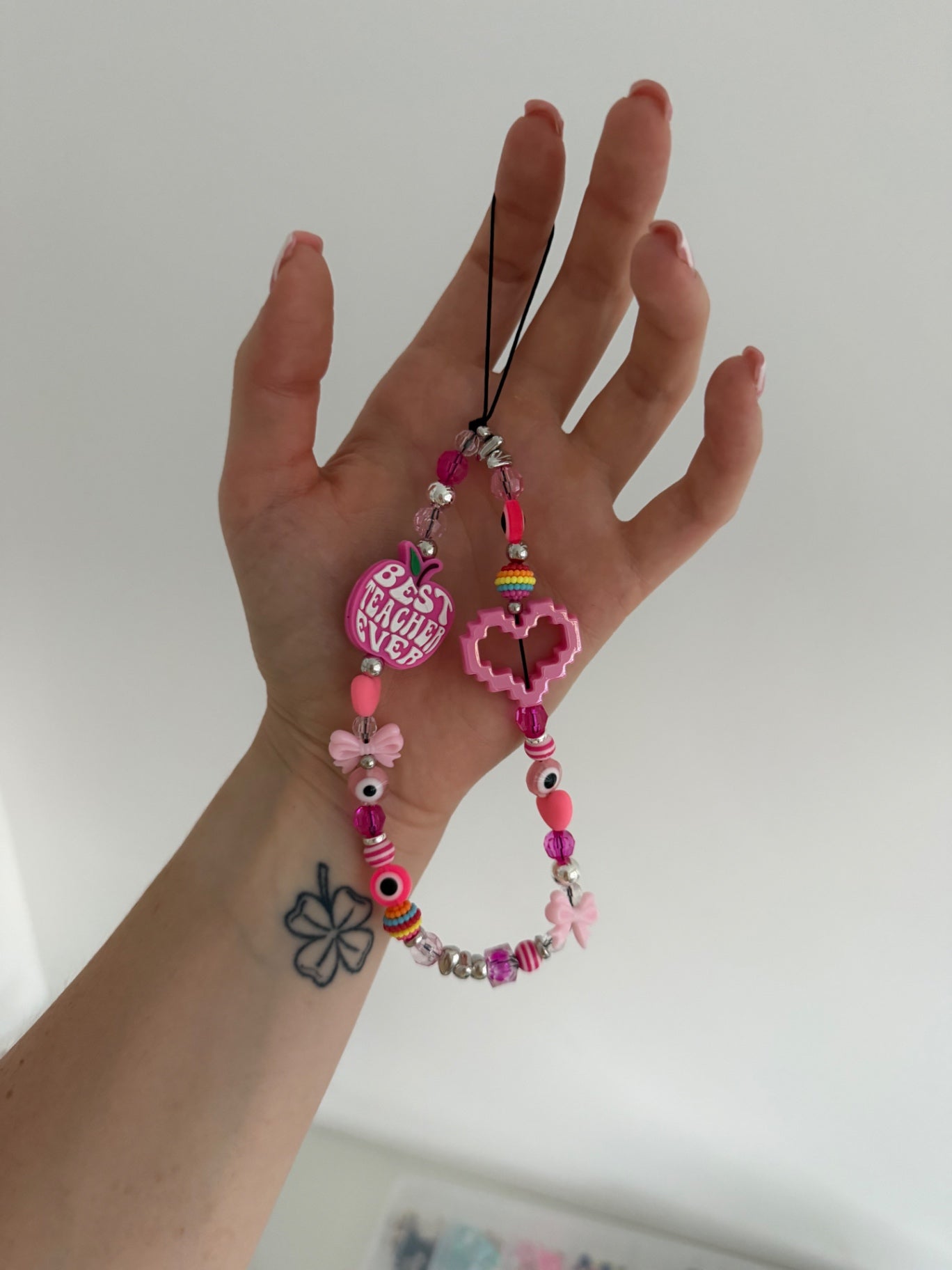 ‘Best teacher ever’ phone charm - pink/silver