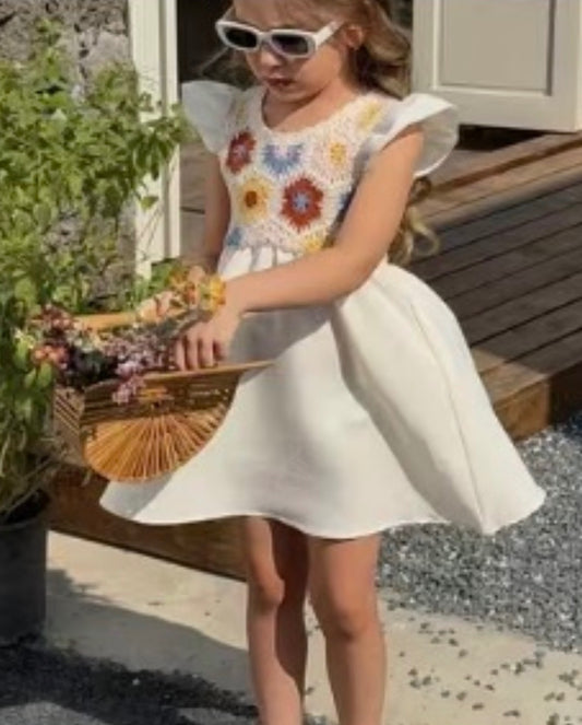 6 yrs Cream Multicoloured Crocheted Dress