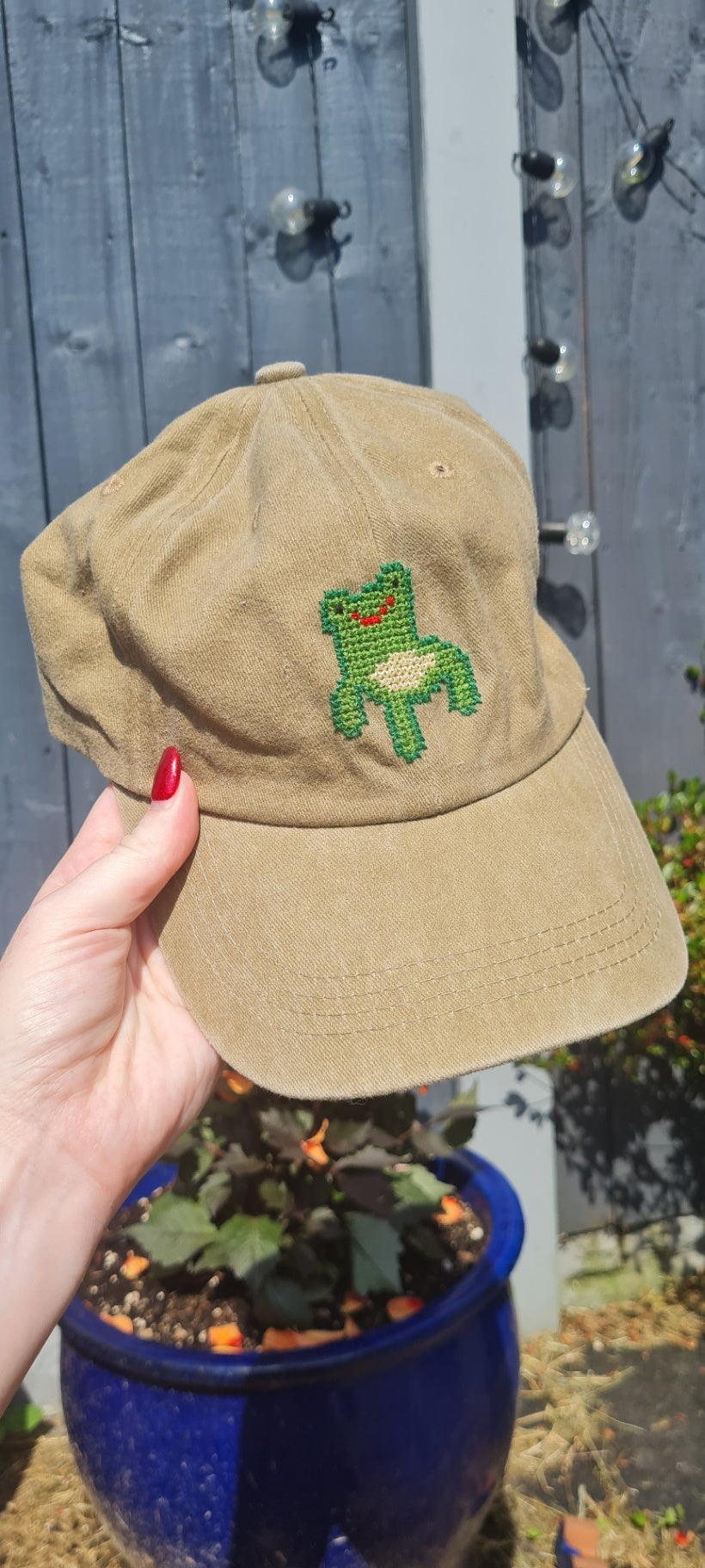 Tan Froggy Chair Cross Stitch Cap
