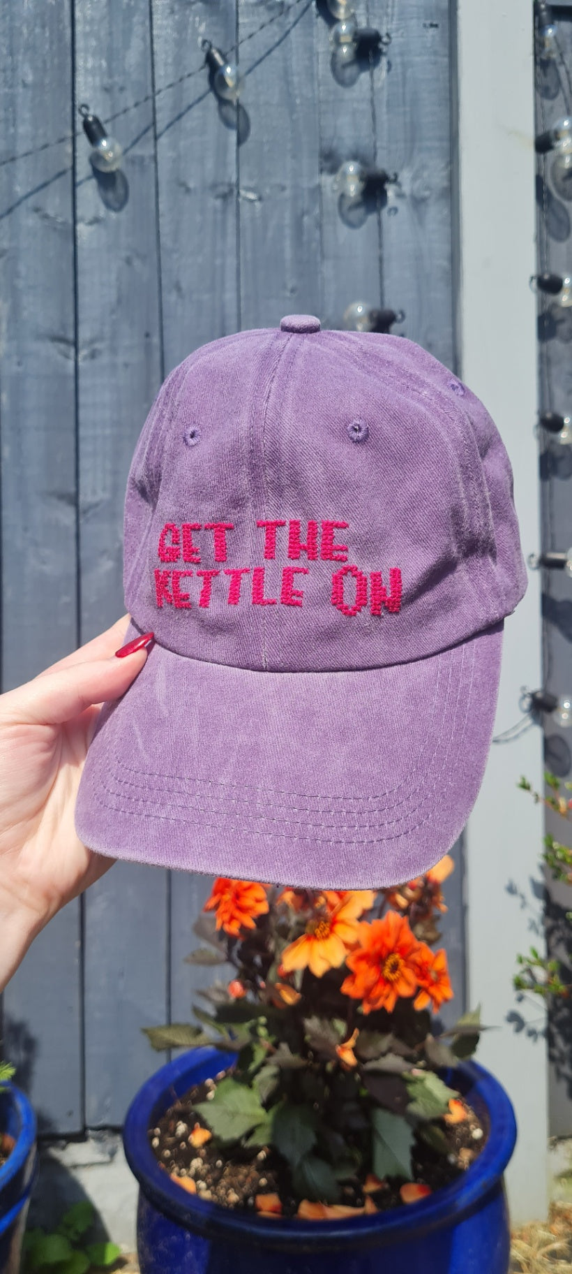 Get The Kettle On Purple Cross Stitch Cap
