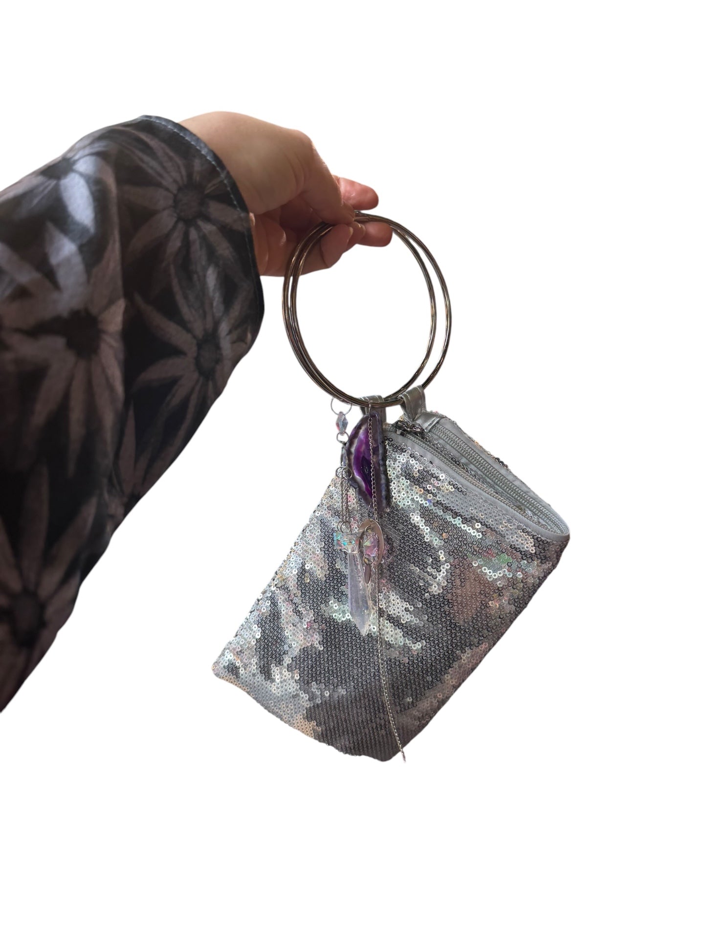 Silver Sequin Bag with Purple Agate