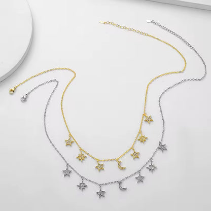 Moon Star Crystal Charm Necklace Gold