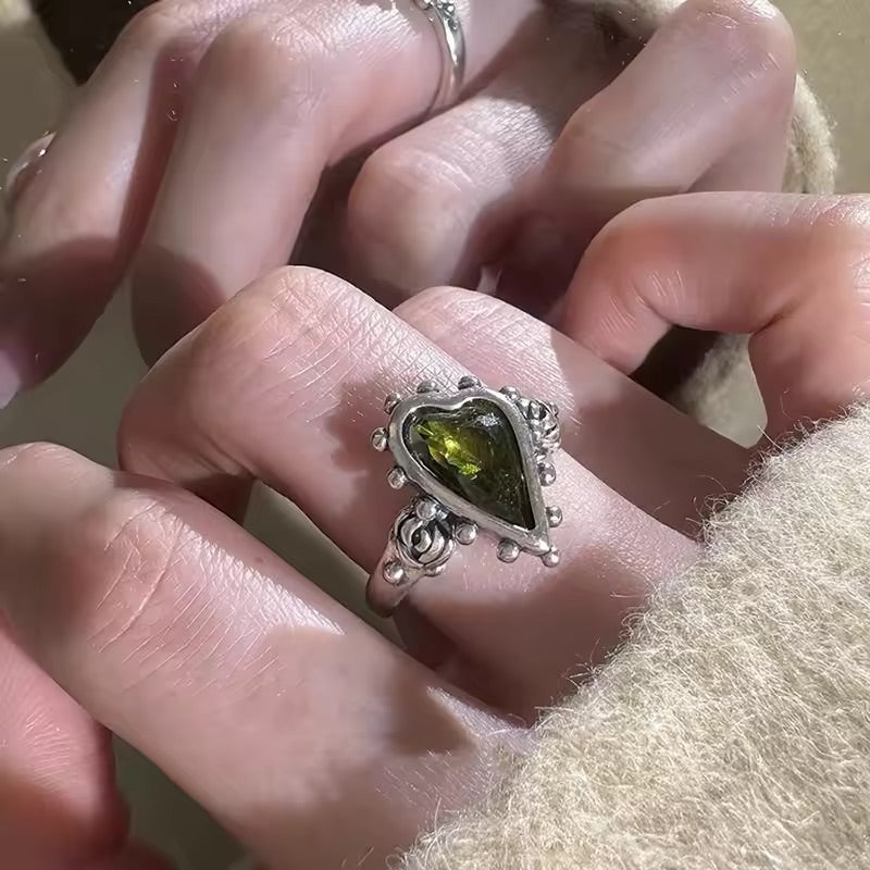 Green Crystal Heart Ring