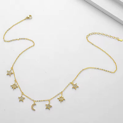 Moon Star Crystal Charm Necklace Gold