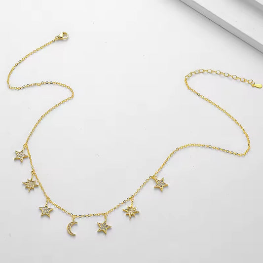 Moon Star Crystal Charm Necklace Gold
