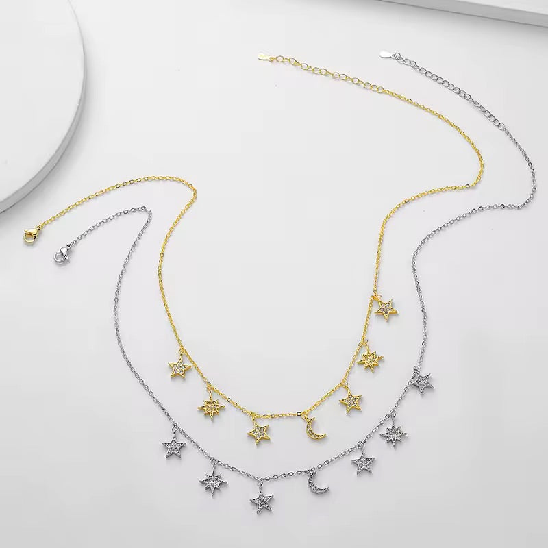 Moon Star Crystal Charm Necklace Silver