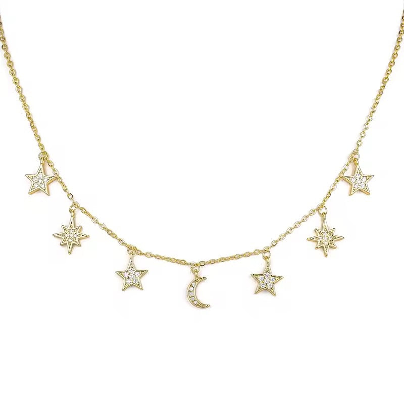 Moon Star Crystal Charm Necklace Gold