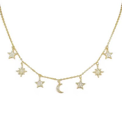 Moon Star Crystal Charm Necklace Gold